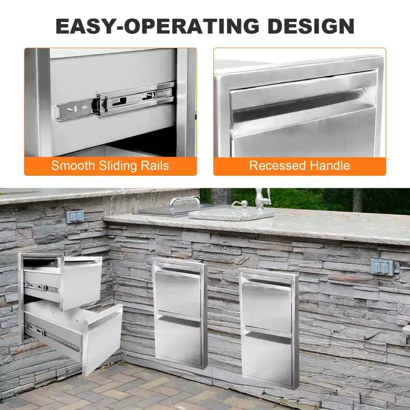 Tiroirs de barbecue encastrés en acier inoxydable 13 x 21 avec poignée rainurée pour îlot de cuisine extérieure ou station de grillades de terrasse