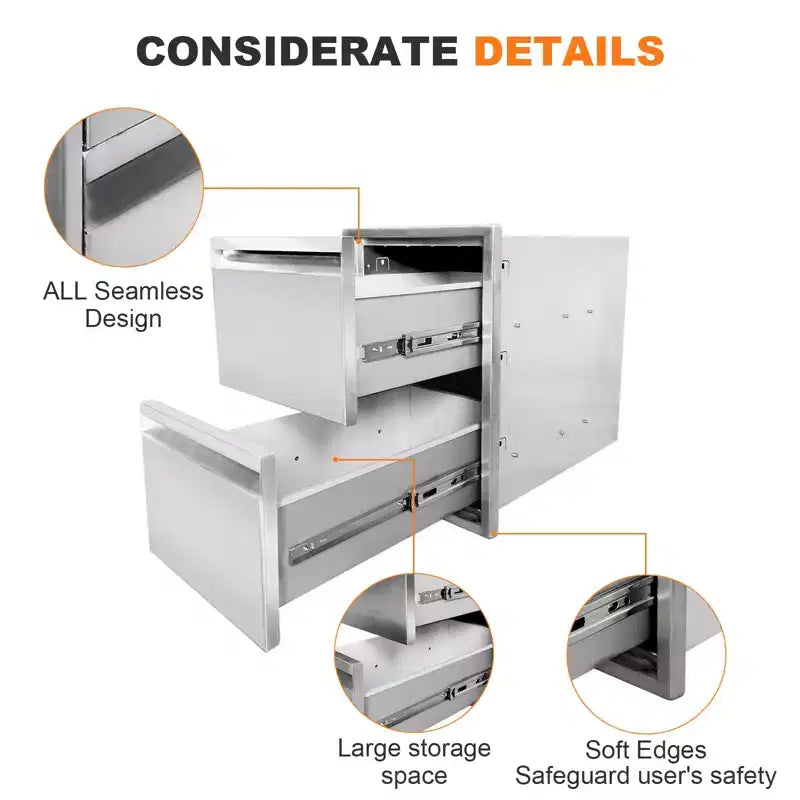 Tiroirs de barbecue encastrés en acier inoxydable 13 x 21 avec poignée rainurée pour îlot de cuisine extérieure ou station de grillades de terrasse