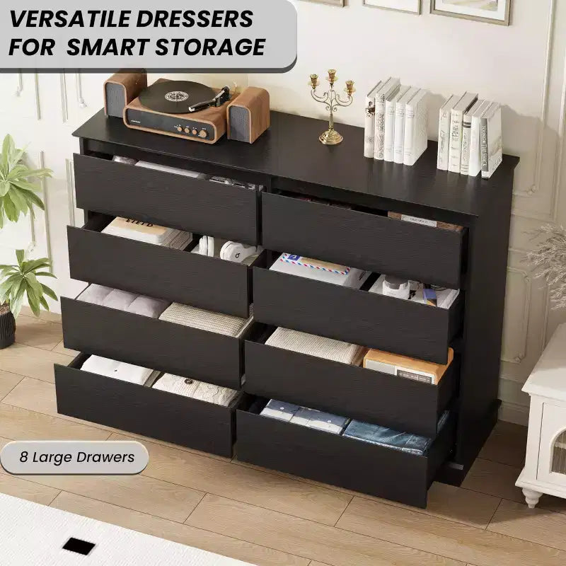 Commode à 8 tiroirs pour chambre à coucher, avec tiroirs profonds, grande commode double pour placard avec plateau large, commode horizontale en bois
