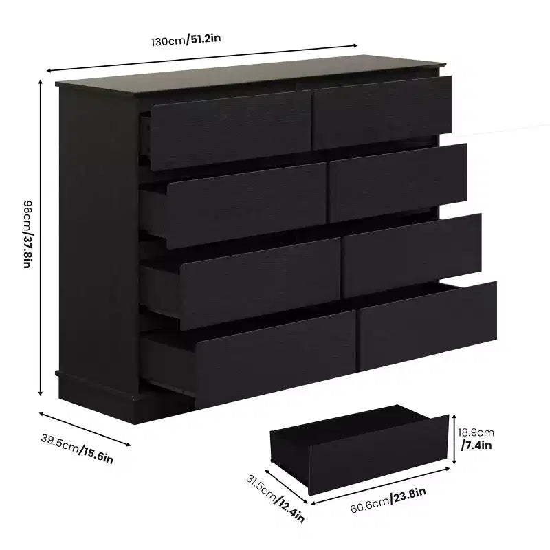 Commode à 8 tiroirs pour chambre à coucher, avec tiroirs profonds, grande commode double pour placard avec plateau large, commode horizontale en bois