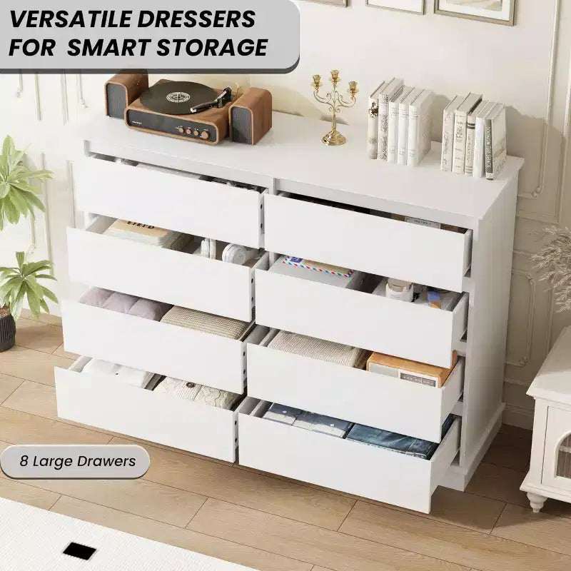 Commode à 8 tiroirs pour chambre à coucher, avec tiroirs profonds, grande commode double pour placard avec plateau large, commode horizontale en bois
