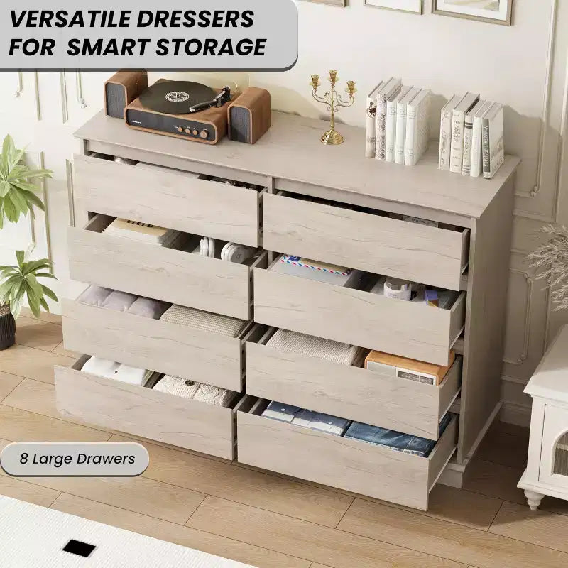 Commode à 8 tiroirs pour chambre à coucher, avec tiroirs profonds, grande commode double pour placard avec plateau large, commode horizontale en bois