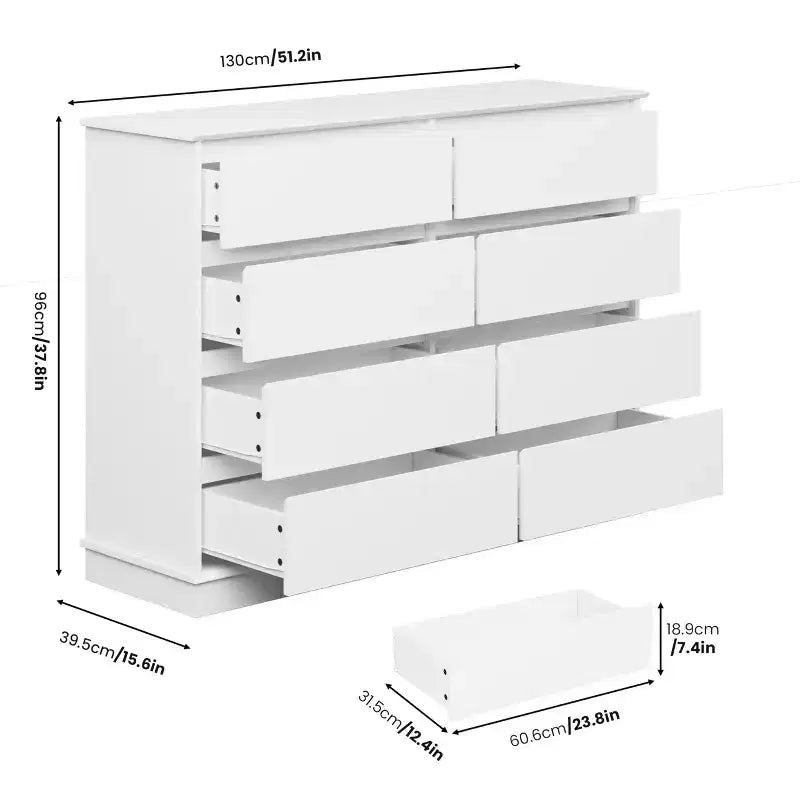 Commode à 8 tiroirs pour chambre à coucher, avec tiroirs profonds, grande commode double pour placard avec plateau large, commode horizontale en bois