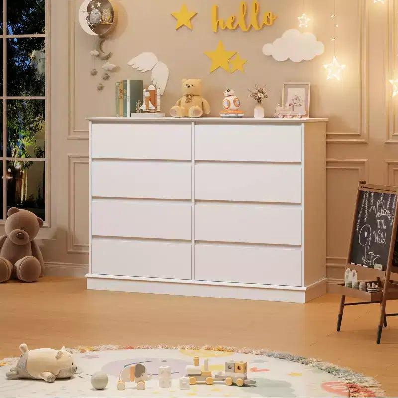 Commode à 8 tiroirs pour chambre à coucher, avec tiroirs profonds, grande commode double pour placard avec plateau large, commode horizontale en bois