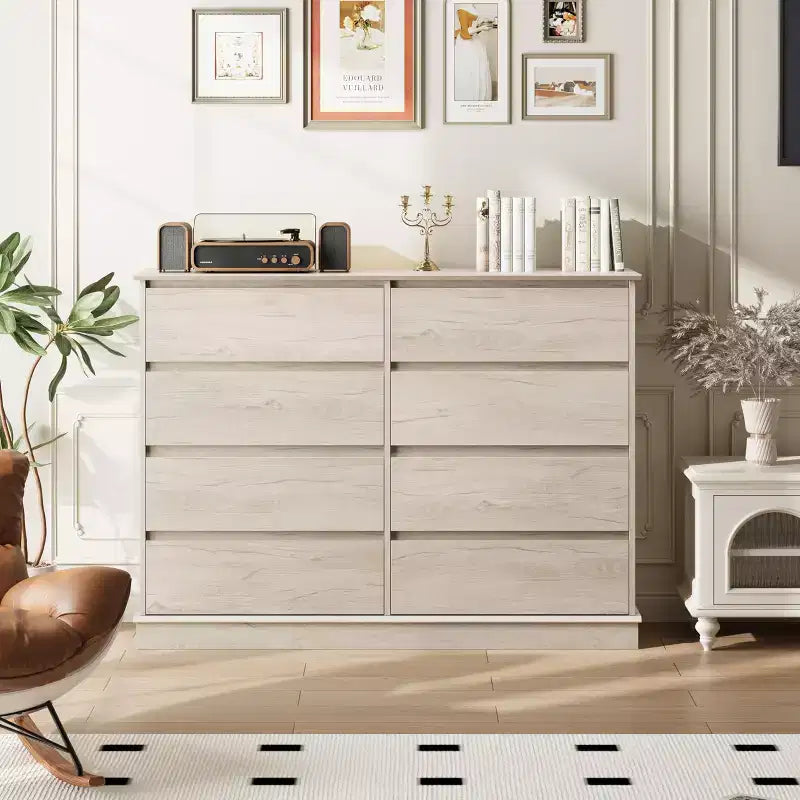 Commode à 8 tiroirs pour chambre à coucher, avec tiroirs profonds, grande commode double pour placard avec plateau large, commode horizontale en bois