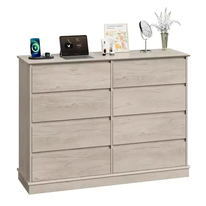 Commode à 8 tiroirs pour chambre à coucher, avec tiroirs profonds, grande commode double pour placard avec plateau large, commode horizontale en bois