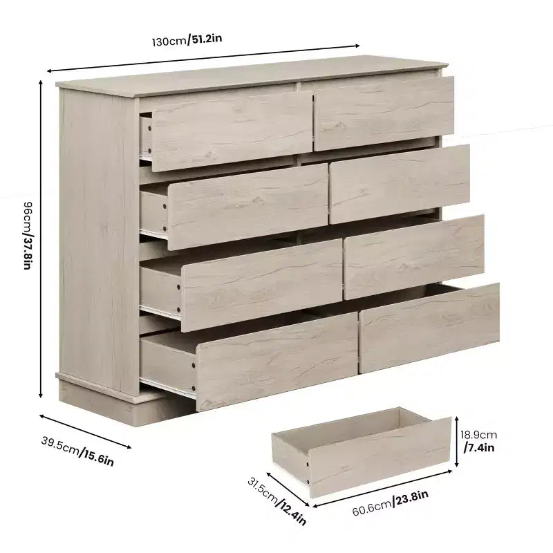 Commode à 8 tiroirs pour chambre à coucher, avec tiroirs profonds, grande commode double pour placard avec plateau large, commode horizontale en bois