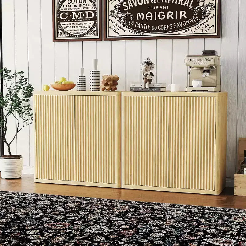 2-Tier Buffet Cabinet with Double Fluted Doors Modern Sideboard with Adjustable Shelves for Space-Saving Dining Room Storage Natural