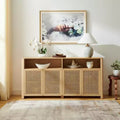 GDFStudio Clara Rustic 63''W Storage Sideboard Cabinet with 4 Rattan Doors and Adjustable Shelves