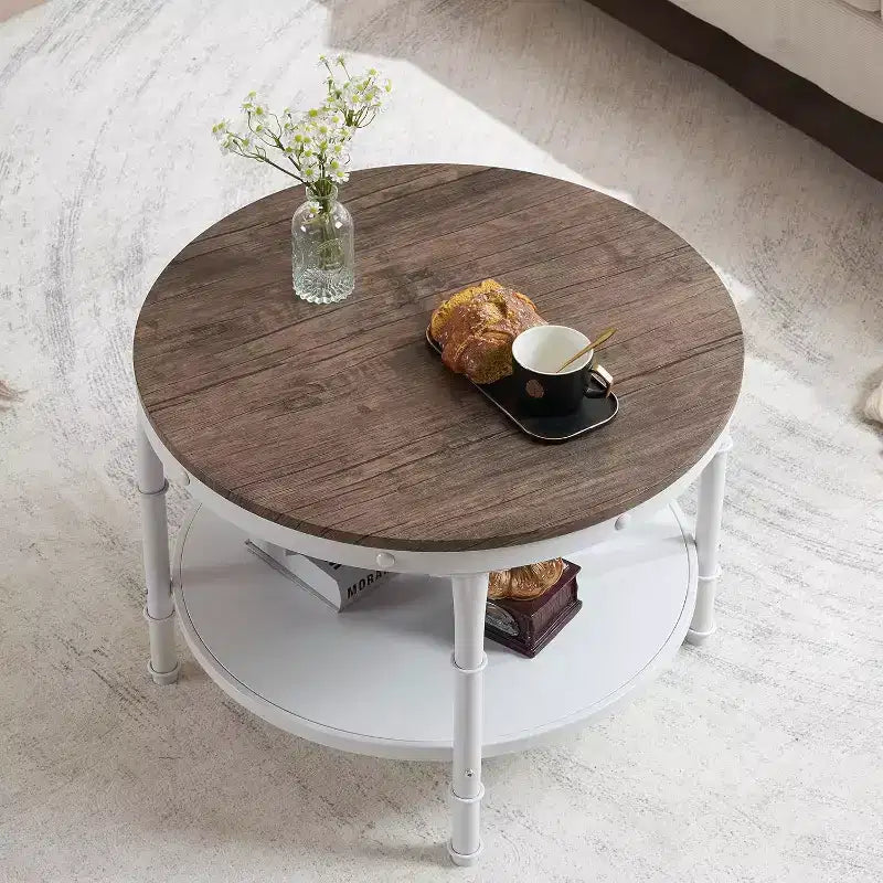 VINGLI 25.6 Dark Walnut White Round Farmhouse Coffee Table 2-Tier Storage Wood Center Circle Accent Table for Living Room