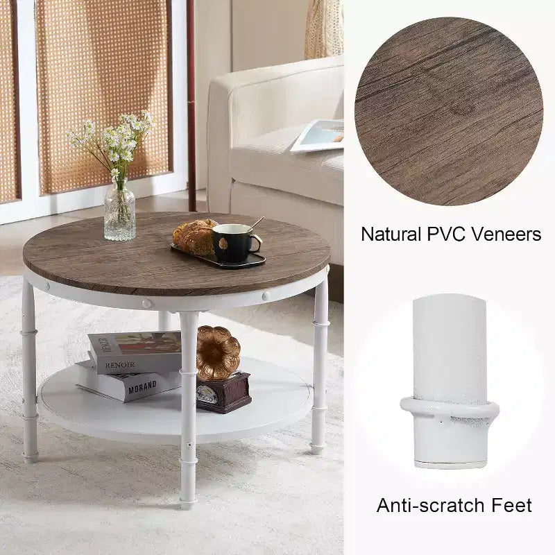 Table basse ronde rustique noyer foncé et blanc 25,6 po