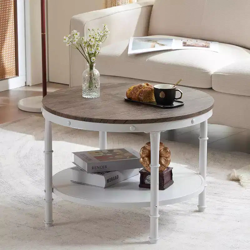Table basse ronde rustique noyer foncé et blanc 25,6 po