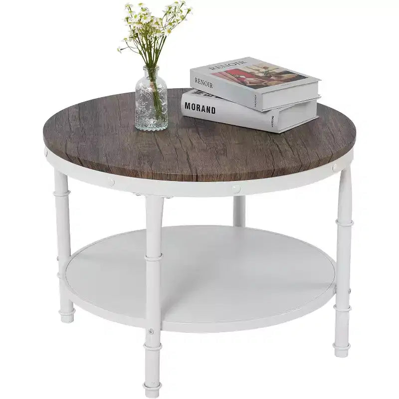 Table basse ronde rustique noyer foncé et blanc 25,6 po