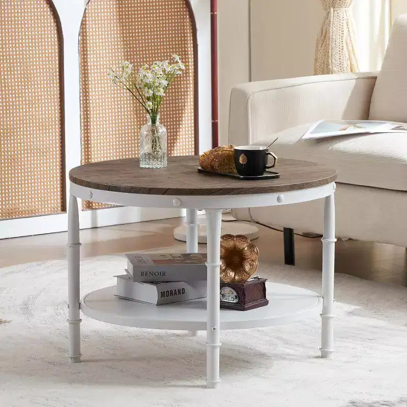 Table basse ronde rustique noyer foncé et blanc 25,6 po