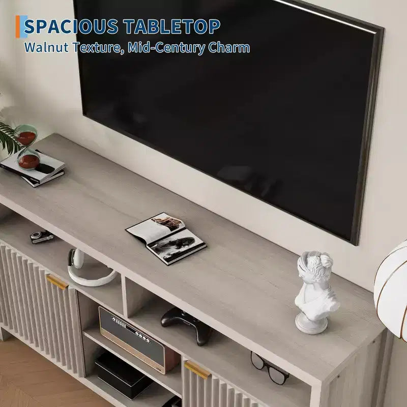 Meuble TV console à fentes avec rangement, étagères réglables, meuble TV de style rustique, centre multimédia mince en bois pour salons, chambres et appartements