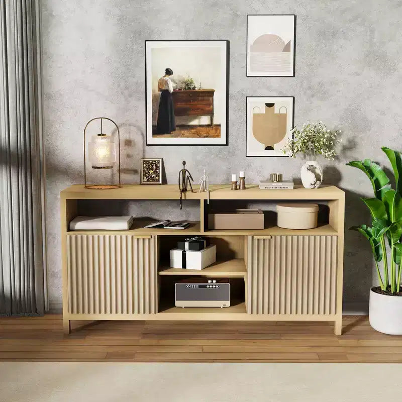 Meuble TV console à fentes avec rangement, étagères réglables, meuble TV de style rustique, centre multimédia mince en bois pour salons, chambres et appartements