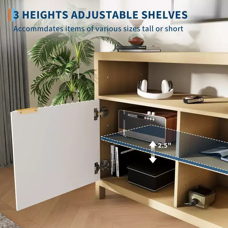 Meuble TV console à fentes avec rangement, étagères réglables, meuble TV de style rustique, centre multimédia mince en bois pour salons, chambres et appartements