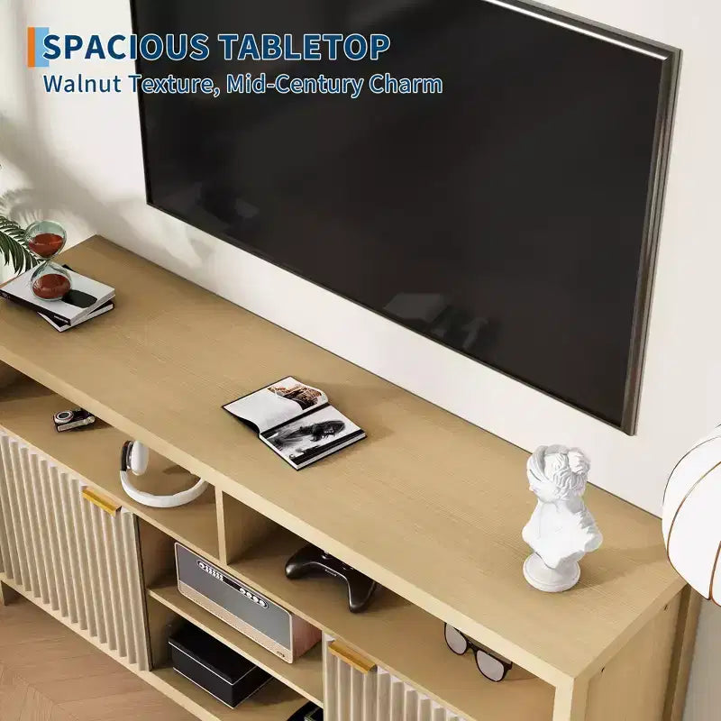 Meuble TV console à fentes avec rangement, étagères réglables, meuble TV de style rustique, centre multimédia mince en bois pour salons, chambres et appartements