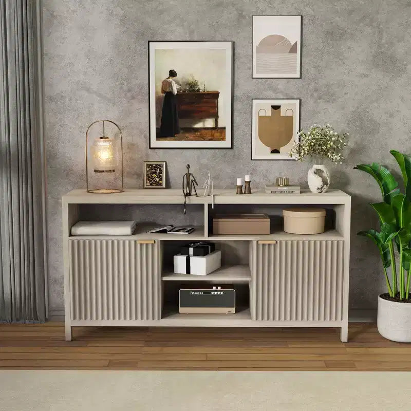 Meuble TV console à fentes avec rangement, étagères réglables, meuble TV de style rustique, centre multimédia mince en bois pour salons, chambres et appartements