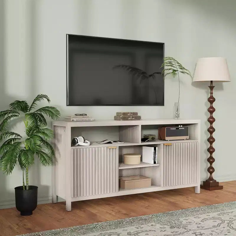 Meuble TV console à fentes avec rangement, étagères réglables, meuble TV de style rustique, centre multimédia mince en bois pour salons, chambres et appartements
