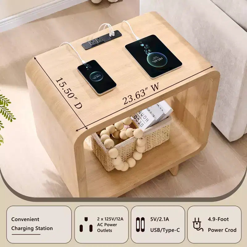 Table d'appoint avec station de recharge 23,6" Table de chevet en bois avec rangement à étagères ouvertes Table d'appoint moderne pour salon et chambre à coucher