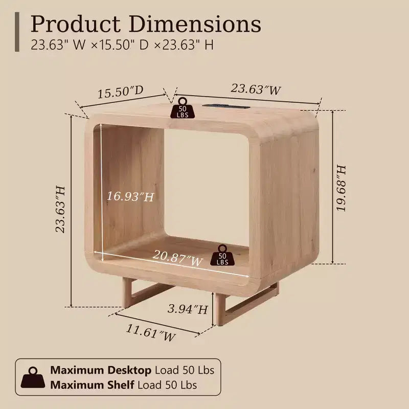 Table d'appoint avec station de recharge 23,6" Table de chevet en bois avec rangement à étagères ouvertes Table d'appoint moderne pour salon et chambre à coucher