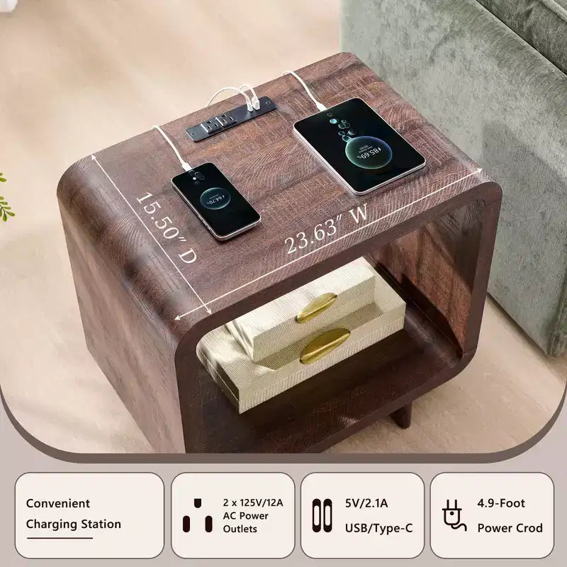Table d'appoint avec station de recharge 23,6" Table de chevet en bois avec rangement à étagères ouvertes Table d'appoint moderne pour salon et chambre à coucher