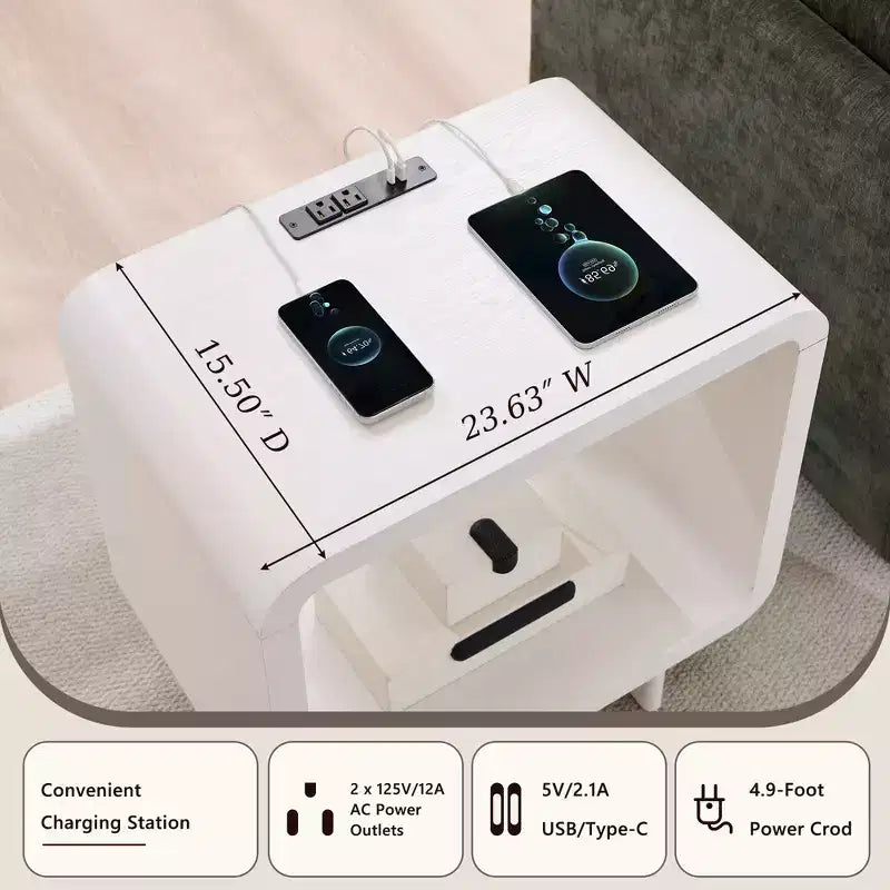 Table d'appoint avec station de recharge 23,6" Table de chevet en bois avec rangement à étagères ouvertes Table d'appoint moderne pour salon et chambre à coucher