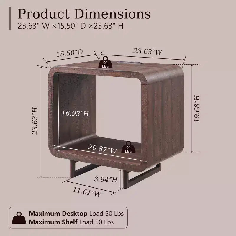 Table d'appoint avec station de recharge 23,6" Table de chevet en bois avec rangement à étagères ouvertes Table d'appoint moderne pour salon et chambre à coucher