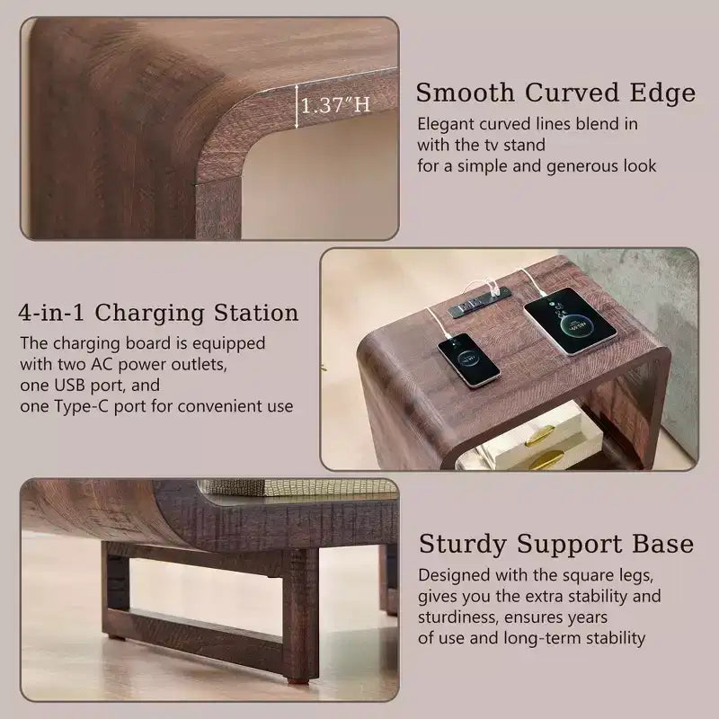Table d'appoint avec station de recharge 23,6" Table de chevet en bois avec rangement à étagères ouvertes Table d'appoint moderne pour salon et chambre à coucher