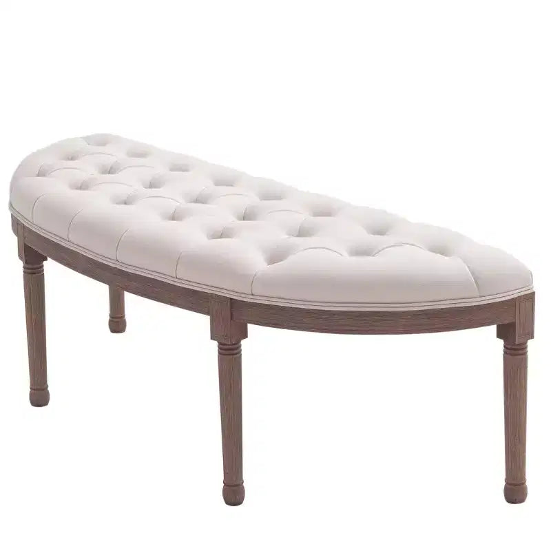 Semi-Circle End of Bed Bench with Tufted Design Upholstered Bedroom Entryway Bench with Rubberwood Legs