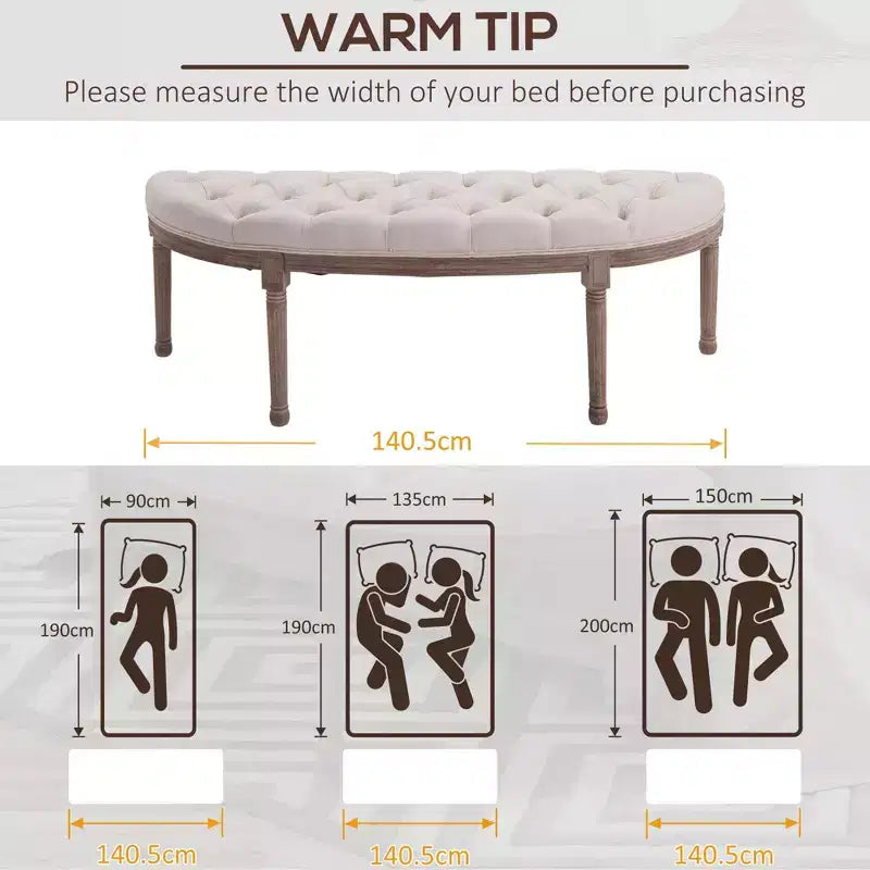 Banc de bout de lit semi-circulaire capitonné, banc d'entrée de chambre à coucher rembourré avec pieds en bois d'hévéa