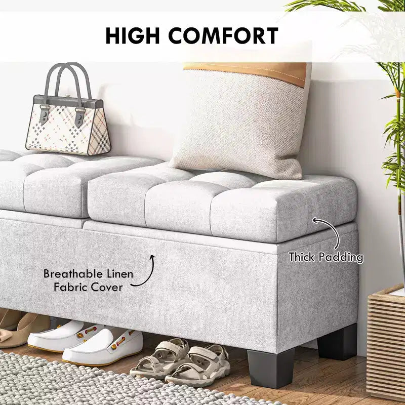 Banc coffre de rangement 46" Rembourré, bout de lit, avec cadre en acier, capitonné, charnières de sécurité, pour salon et entrée
