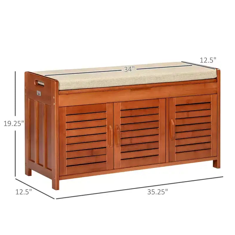 Banc à chaussures avec rangements, banc d'entrée en bambou avec coussin d'assise, 3 portes et compartiment caché pour couloir, cerisier