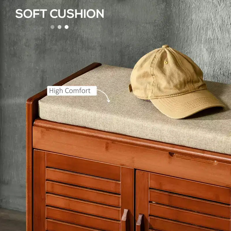 Banc à chaussures avec rangements, banc d'entrée en bambou avec coussin d'assise, 3 portes et compartiment caché pour couloir, cerisier