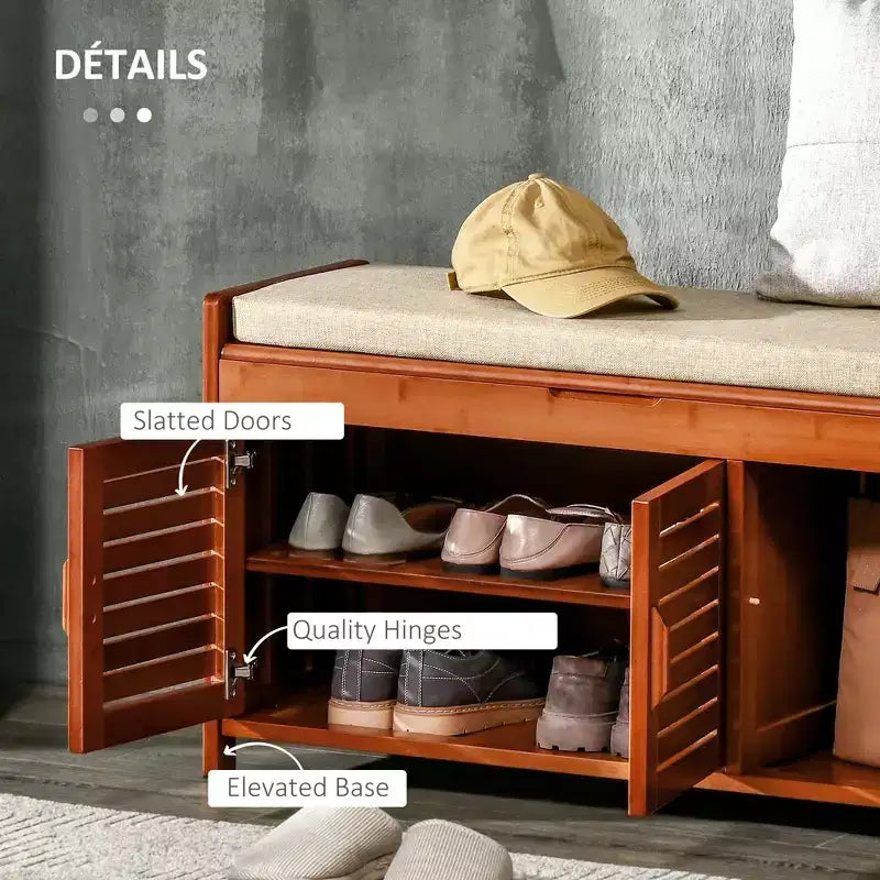 Banc à chaussures avec rangements, banc d'entrée en bambou avec coussin d'assise, 3 portes et compartiment caché pour couloir, cerisier