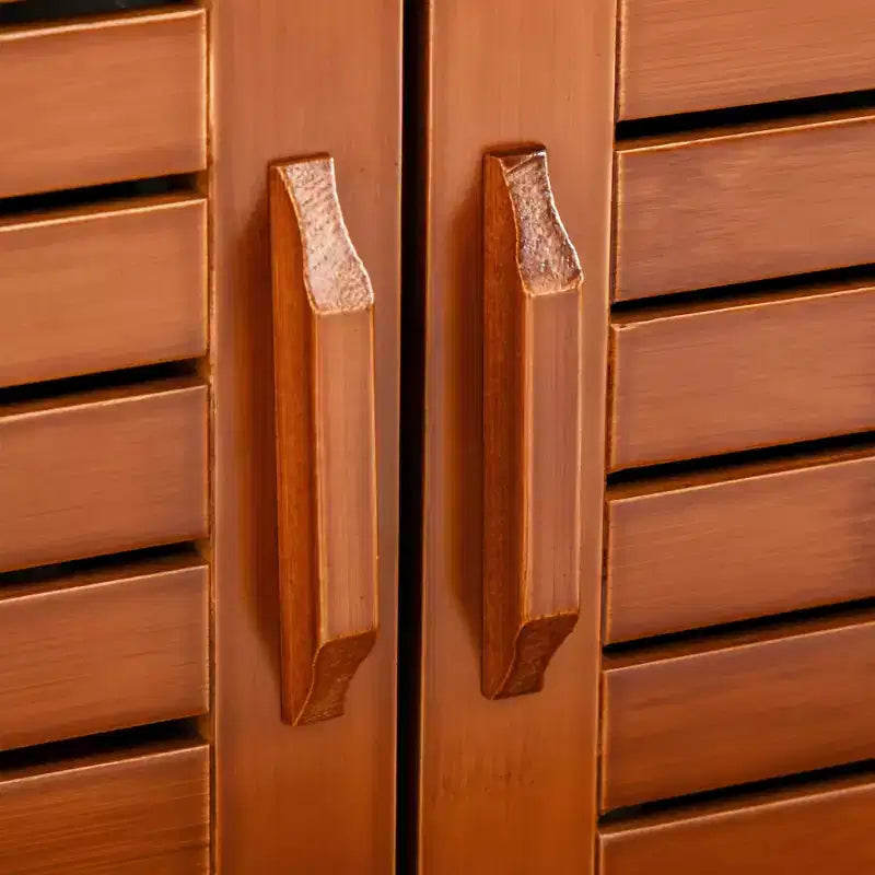 Banc à chaussures avec rangements, banc d'entrée en bambou avec coussin d'assise, 3 portes et compartiment caché pour couloir, cerisier