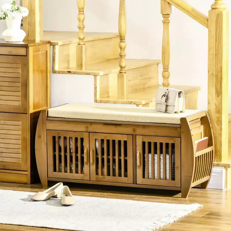 Banc à chaussures avec rangements, banc d'entrée en bambou avec coussin d'assise, 3 portes et compartiment caché pour couloir, cerisier