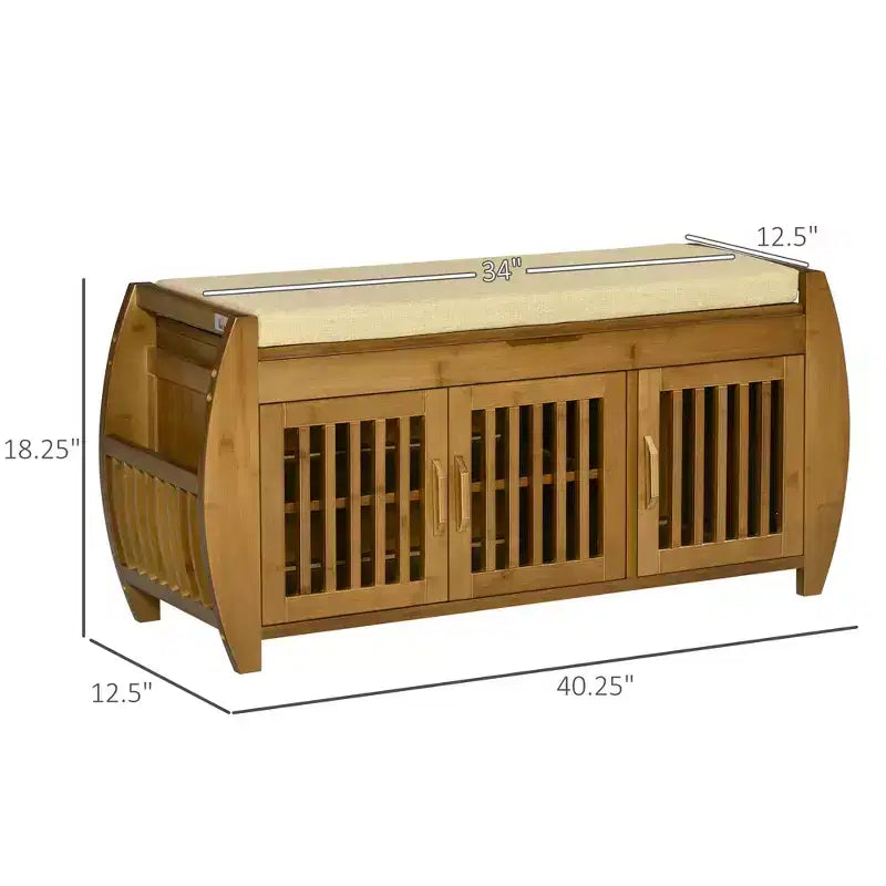 Banc à chaussures avec rangements, banc d'entrée en bambou avec coussin d'assise, 3 portes et compartiment caché pour couloir, cerisier