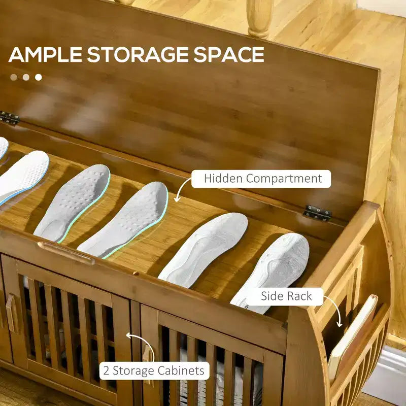 Banc à chaussures avec rangements, banc d'entrée en bambou avec coussin d'assise, 3 portes et compartiment caché pour couloir, cerisier