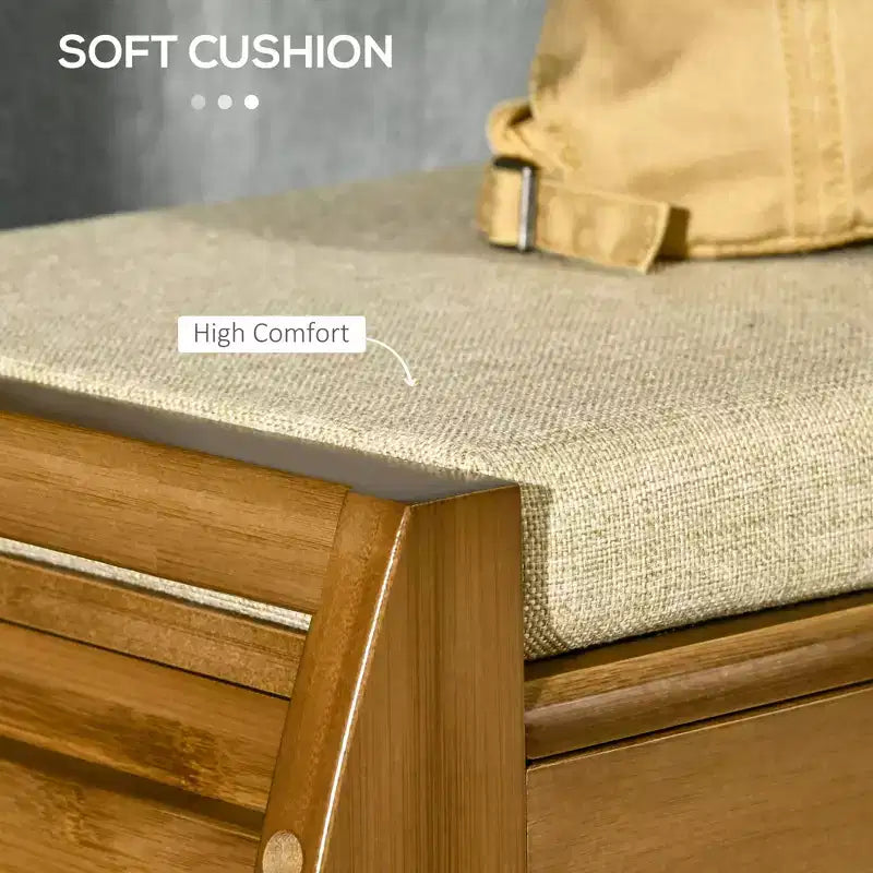 Banc à chaussures avec rangements, banc d'entrée en bambou avec coussin d'assise, 3 portes et compartiment caché pour couloir, cerisier