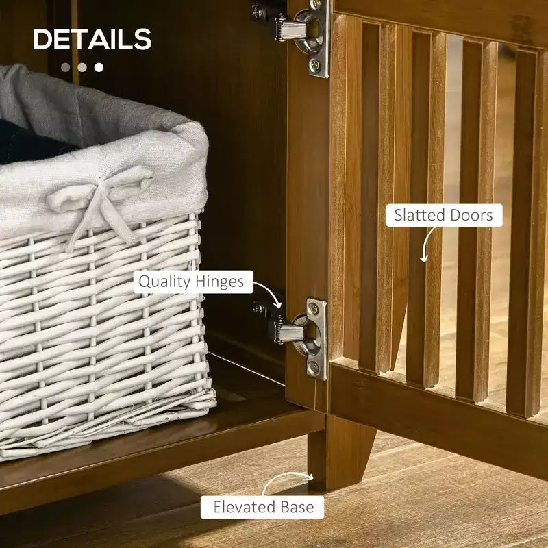 Banc à chaussures avec rangements, banc d'entrée en bambou avec coussin d'assise, 3 portes et compartiment caché pour couloir, cerisier