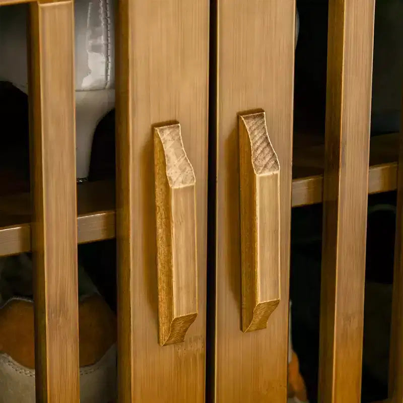 Banc à chaussures avec rangements, banc d'entrée en bambou avec coussin d'assise, 3 portes et compartiment caché pour couloir, cerisier