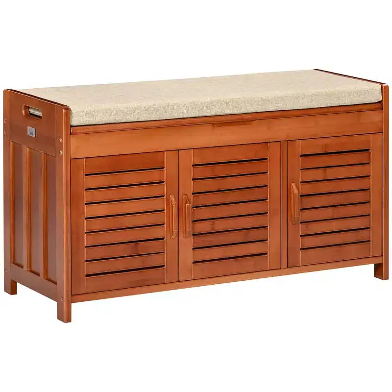 Banc à chaussures avec rangements, banc d'entrée en bambou avec coussin d'assise, 3 portes et compartiment caché pour couloir, cerisier
