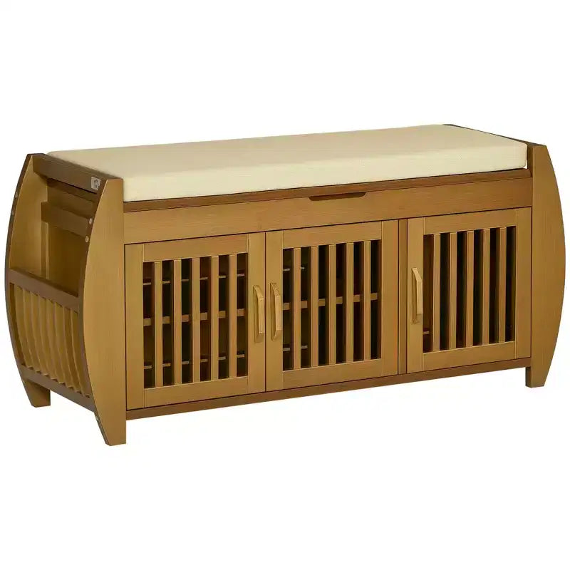 Shoe Bench with Storage Cabinets Bamboo Entryway Bench with Seating Cushion 3 Doors and Hidden Compartment for Hallway Cherry