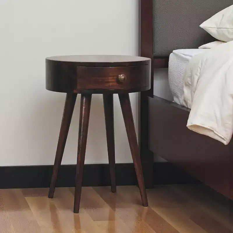 Table de chevet ronde en bois massif de Noyer, 22 po, un tiroir