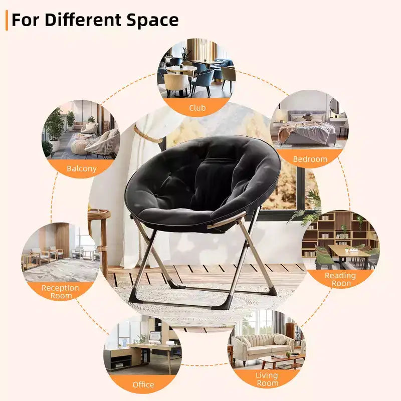 Chaise soucoupe pliante confortable avec fausse fourrure douillette, assise rembourrée épaisse et cadre métallique. Fauteuil d'appoint moderne pour salon et chambre.
