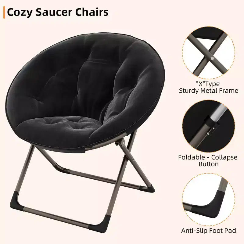 Chaise soucoupe pliante confortable avec fausse fourrure douillette, assise rembourrée épaisse et cadre métallique. Fauteuil d'appoint moderne pour salon et chambre.