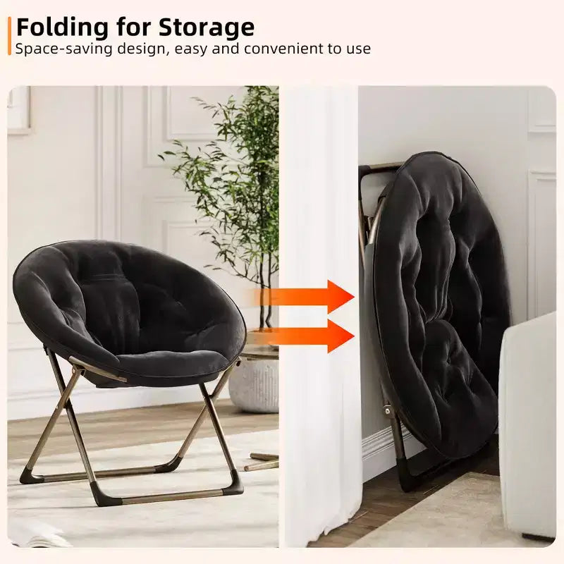 Chaise soucoupe pliante confortable avec fausse fourrure douillette, assise rembourrée épaisse et cadre métallique. Fauteuil d'appoint moderne pour salon et chambre.