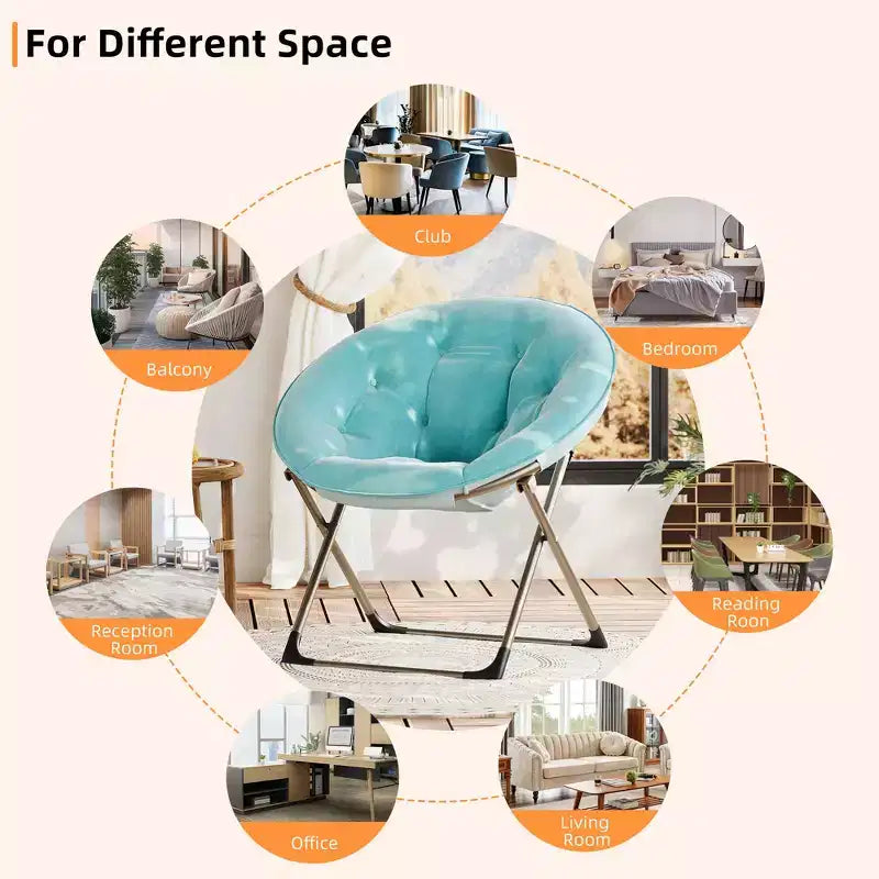 Chaise soucoupe pliante confortable avec fausse fourrure douillette, assise rembourrée épaisse et cadre métallique. Fauteuil d'appoint moderne pour salon et chambre.